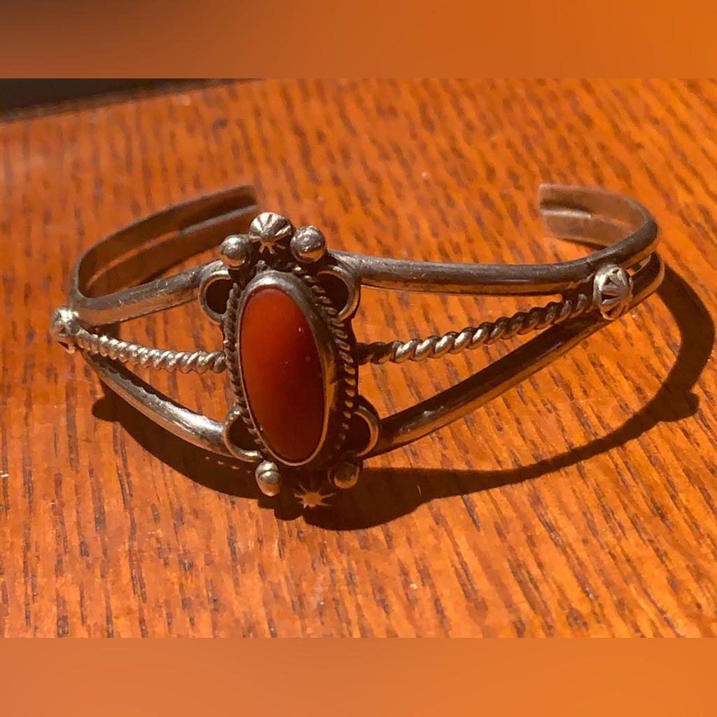 Vintage Native American Sterling Red Coral Cuff Bracelet